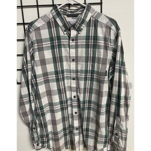 Columbia Mens Size Medium Button Front Long Sleeve Shirt Green White Gray Plaid